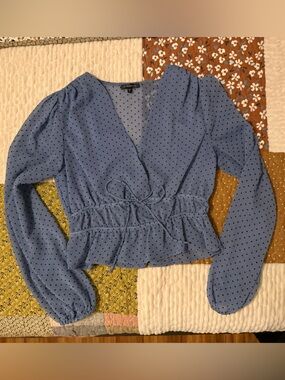 Dynamite Blue Polka Dot Wrap Peplum Blouse